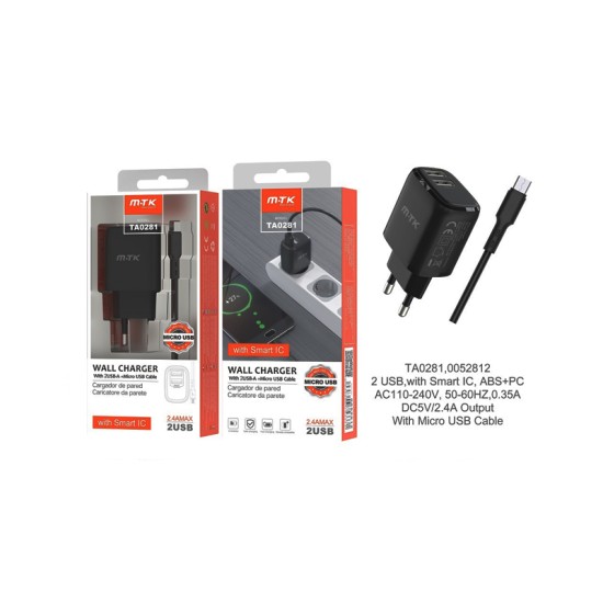 CARREGADOR ADAPTADOR RÁPIDO MTK TA0281 NE COM CABO MICROUSB E CHIP DE RECONHECIMENTO INTELIGENTE 2 PORTAS USB 2.4A MÁX. PRETO